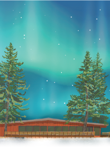 RFID Lift Ticket with the Rabbit Hill Lodge with Northern Lights in the background.